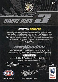 2010 Select AFL Prestige - Draft Pick Signatures #DP3 Dustin Martin Back
